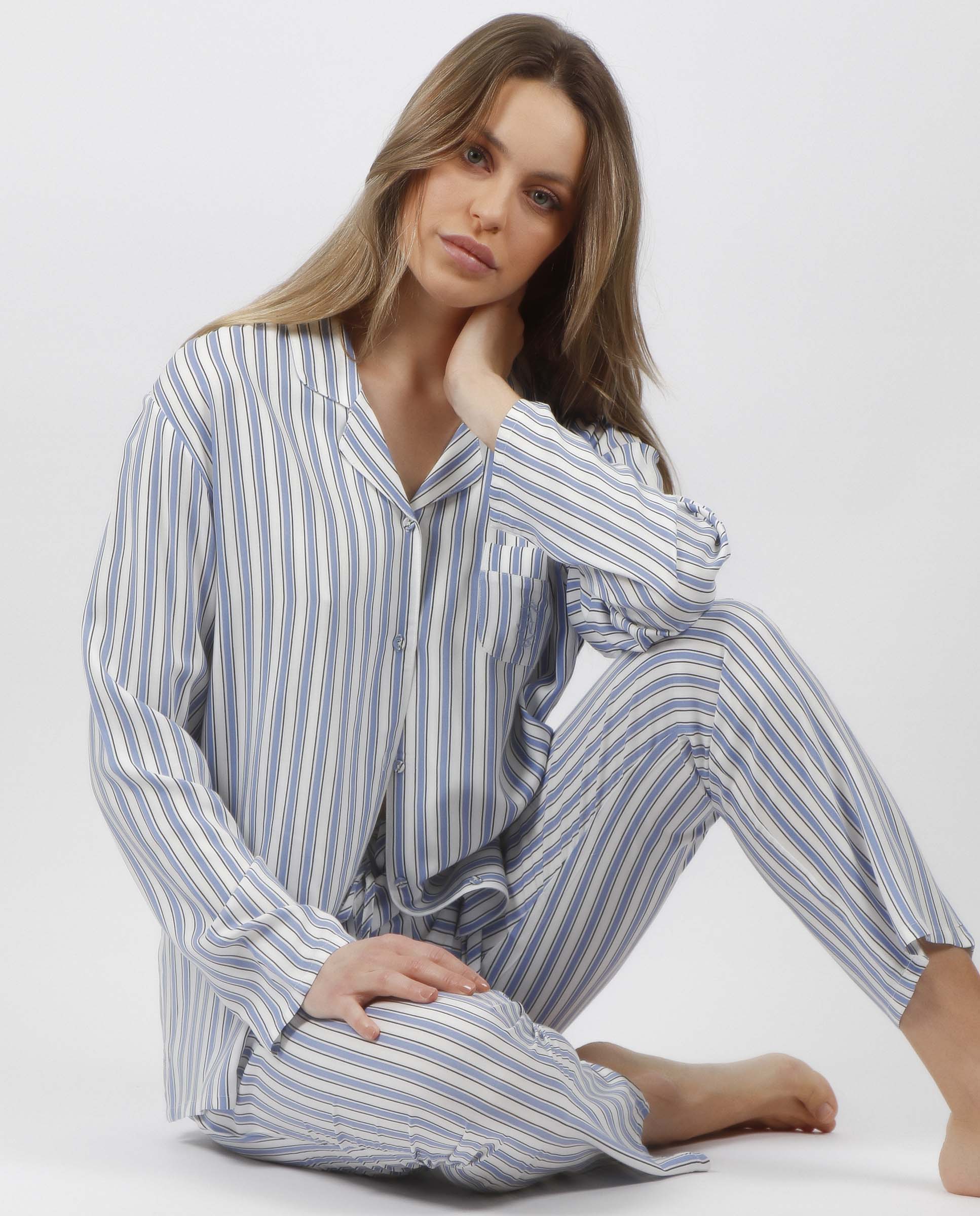 Pijama Verano Mujer ADMAS Manga Corta Pantalón Largo Azul Algodón