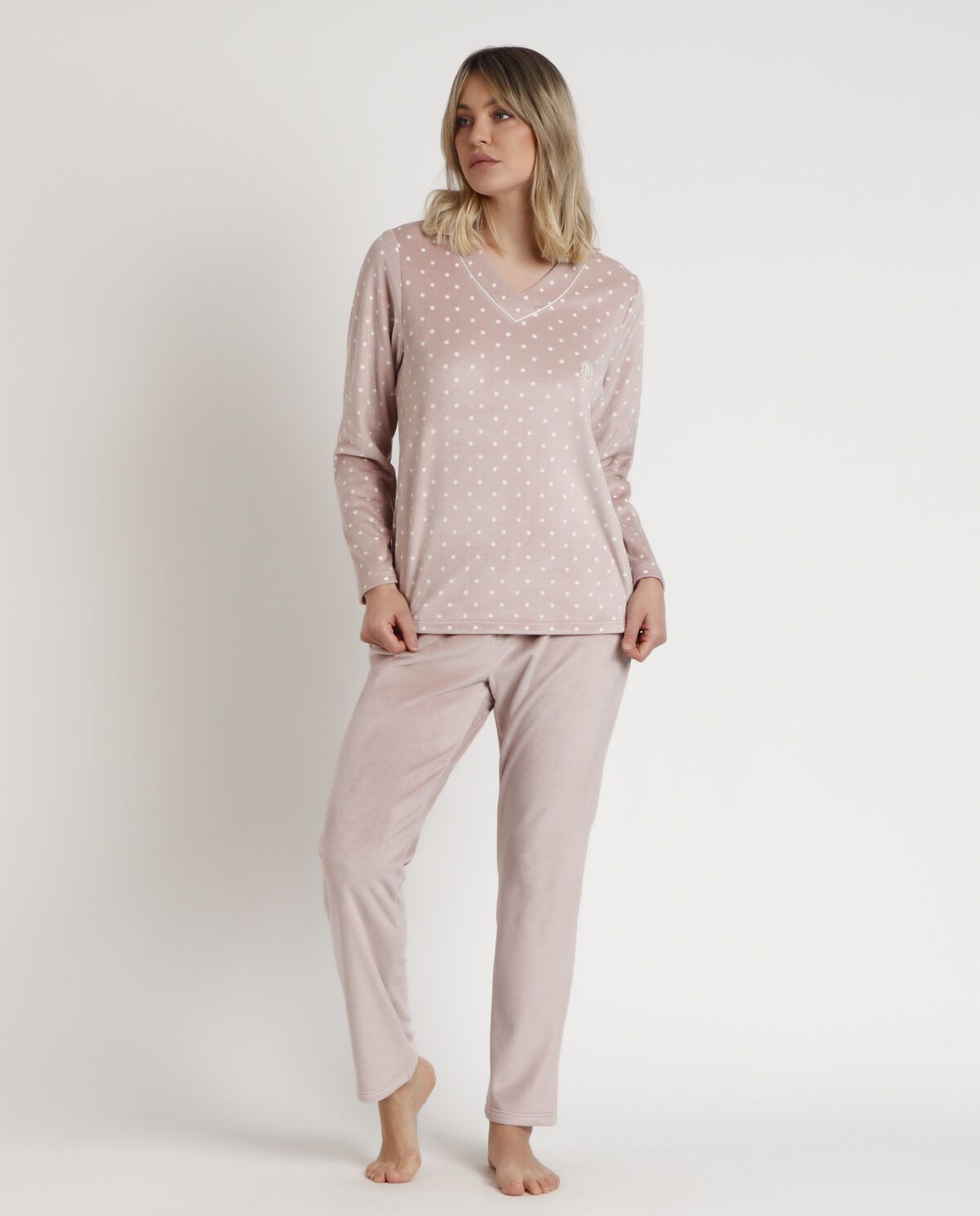 ADMAS CLASSIC Pijama Manga Larga Velvet Pico Dots Lace para Mujer